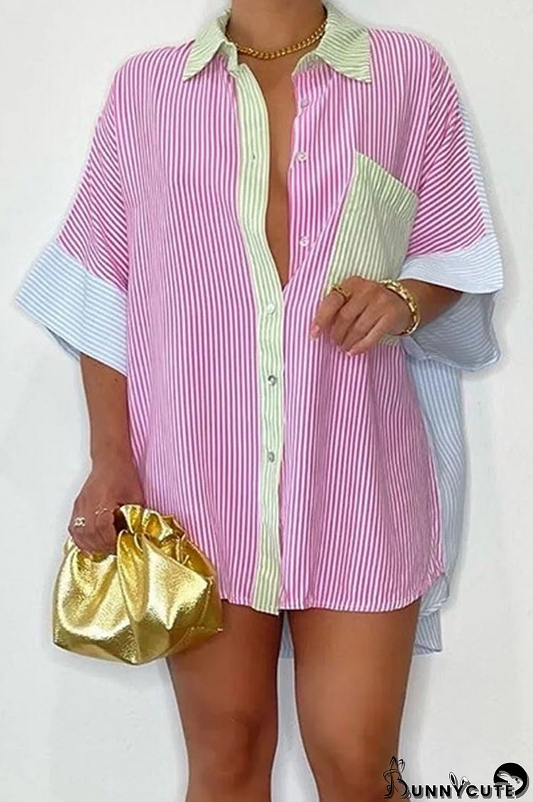 Pink Casual Striped Print Patchwork Buckle Turndown Collar Tops