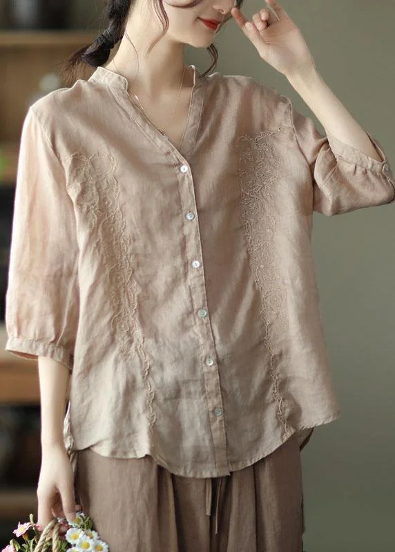 French Khaki Embroideried V Neck Ramie Blouse Top Summer