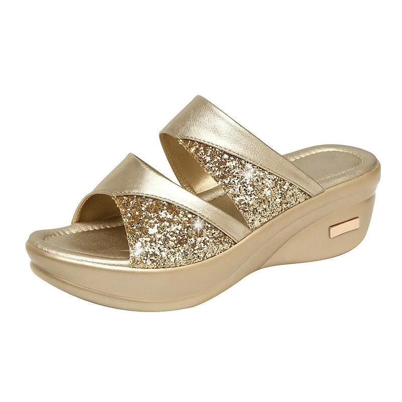 Qengg New Fashion Shoes Sandals Casual Women Fish mouth Platform Golden Heels Sandals Slip-on Shoes Luxury Rhinestone