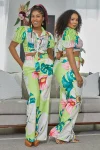 Floral Print Turndown Collar Short Puff Sleeve Tie Up Crop Top Straight Leg Pants Matching Set [Pre Order]