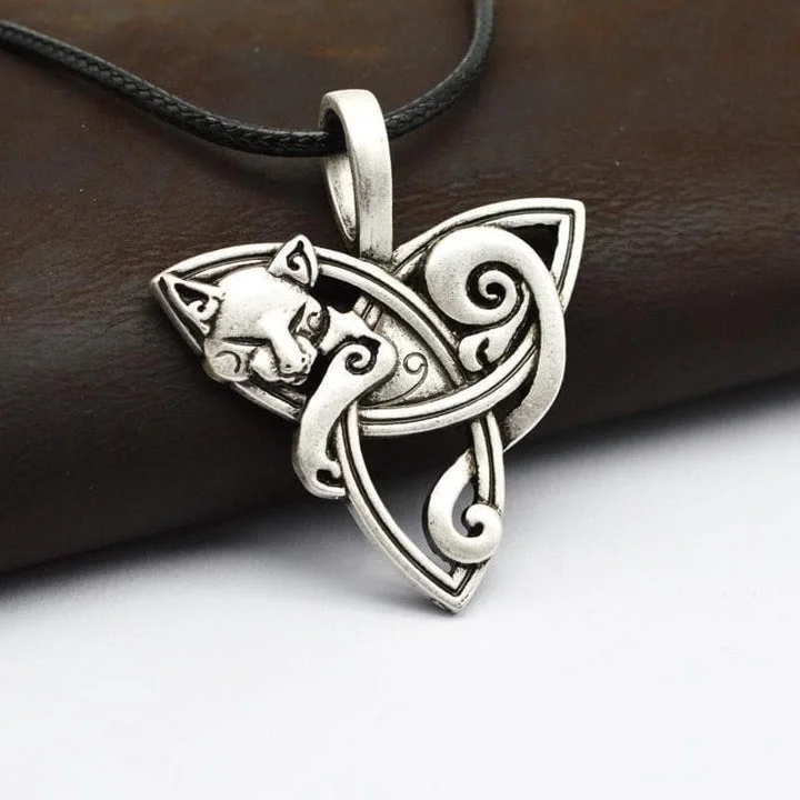 Coutureaura Celtic Cat On Triquetra Stainless Steel Necklace