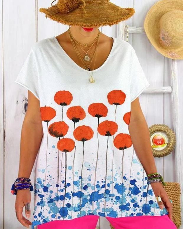 Fashion Casual Floral-print V Neck T-shirt