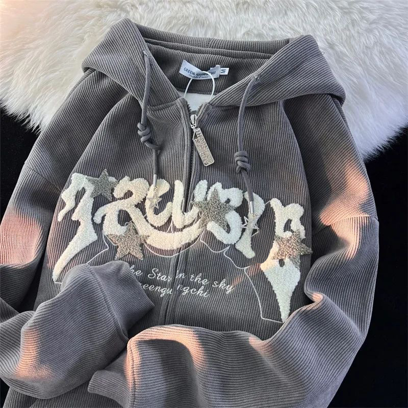 Wicketwarriorss Galentines Outfits Night Out Corduroy Embroidery Loose Hoodies Women Autumn Long Sleeve Tops  