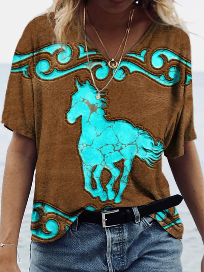 Women'S Western Leather Look Horse Graphic V-Neck Short Sleeve T-Shirt