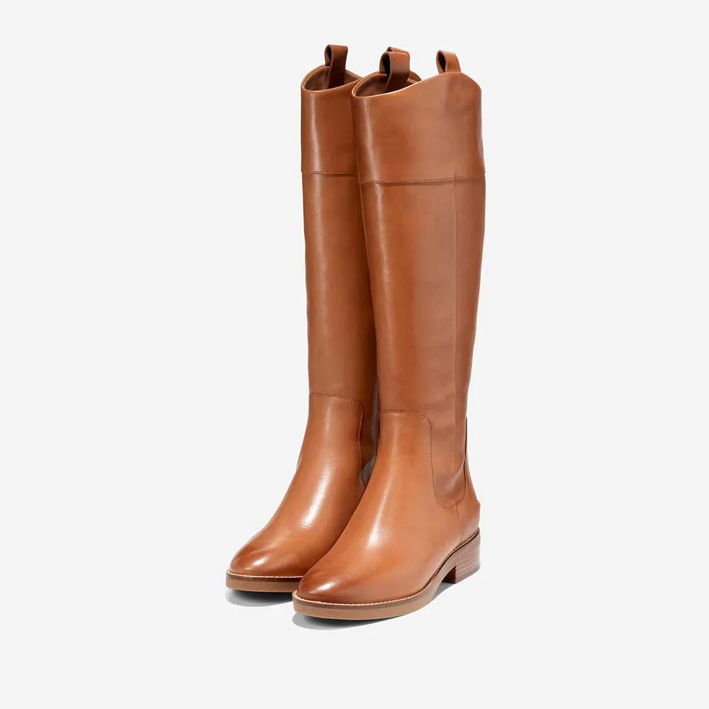 Brown Vegan Leather Stilhouette Knee High Inside-Zip Boots With Chunky Heels Nicepairs