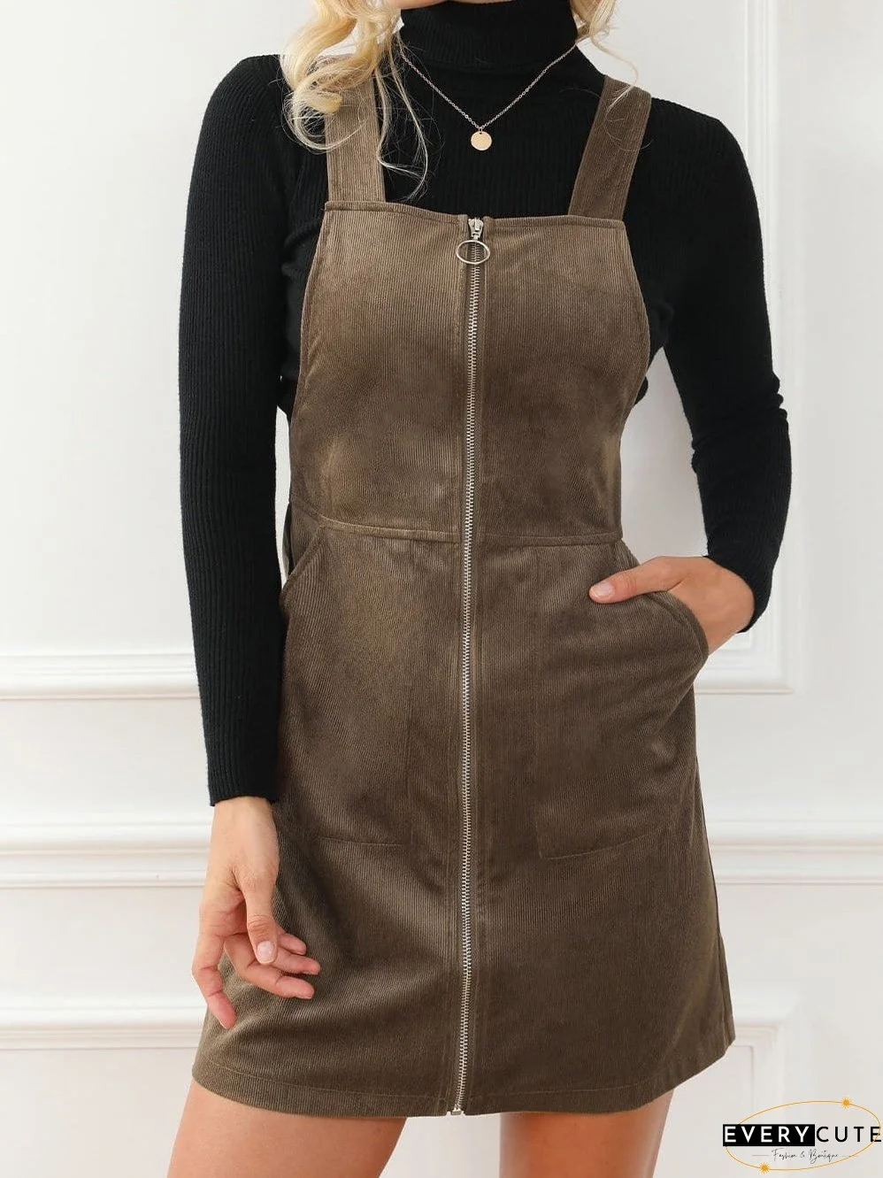 Brown Corduroy Pocketed Zip-Up Mini Dress with O-ring Detail