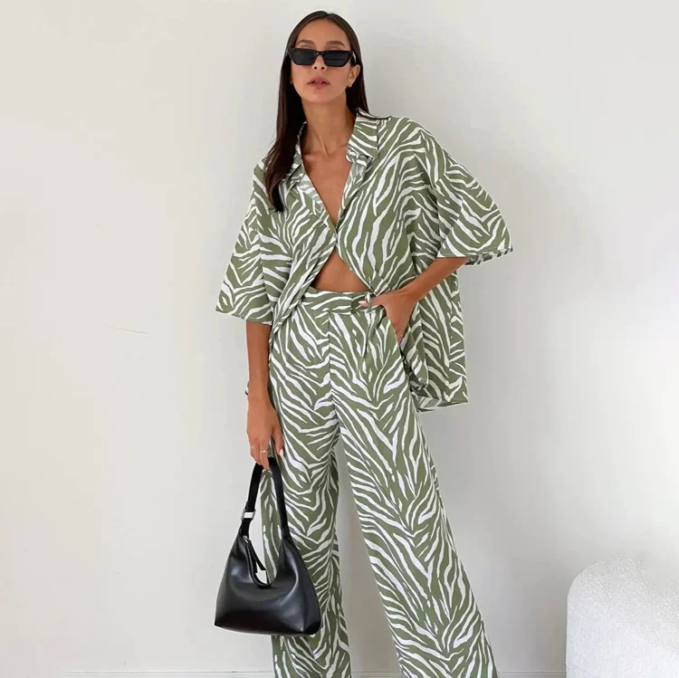 Churchf Churchf Satin Zebra Striped Suit Female 2023 Summer Short Sleeve Shirt High Waist Trousers Two-Piece Set