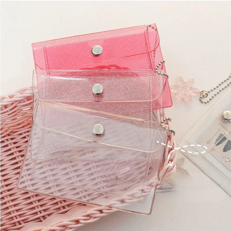 1PC Transparent Card Cover Coin Wallet Women Girls Card Case Business Credit Card Holder Badge Bag ID Card Holder with Keychain