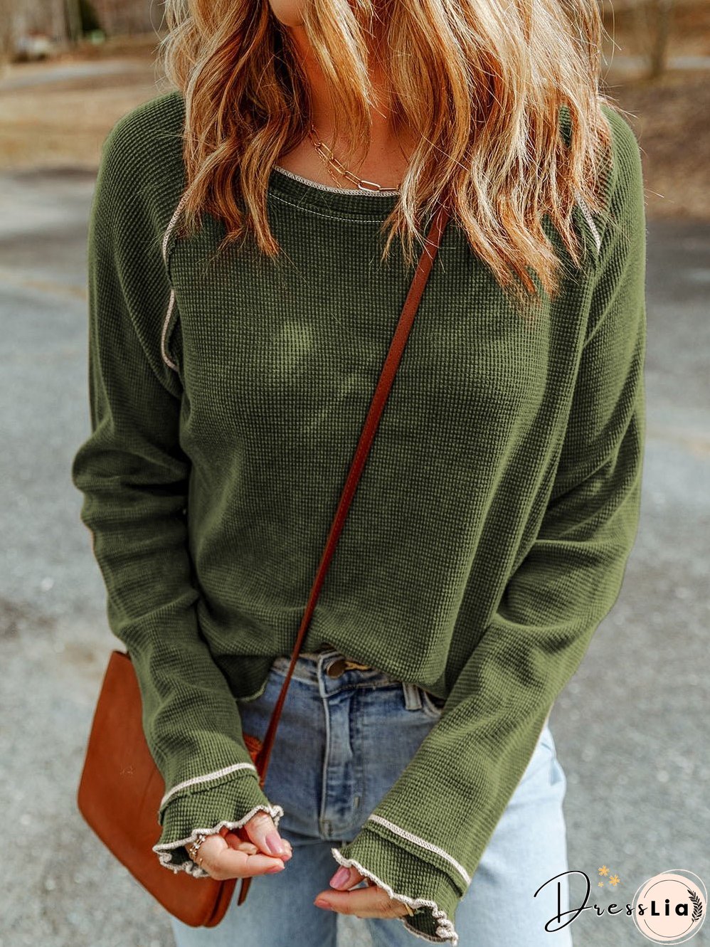 Green Waffle Knit Shift Top with Round Neck and Long Sleeves