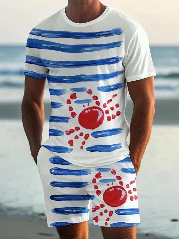 Men's Blue Stripes Crab Graphic Print T-Shirt Shorts Set