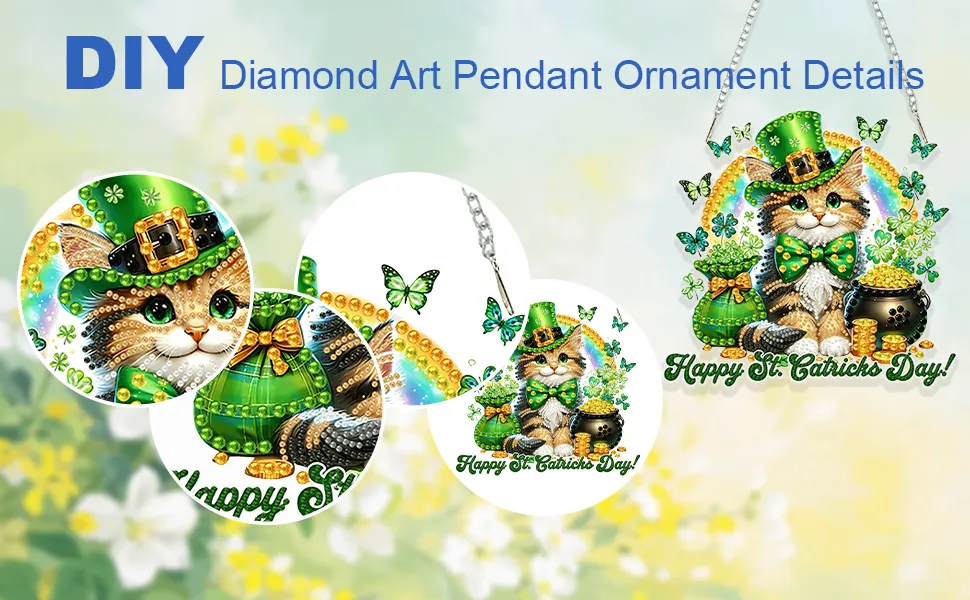 St Patricks Day Cat DIY 2D Flat Acrylic Diamond Painting Kits 5D Diamond Art Painting Window Pendants for Home Garden Wall Decoration