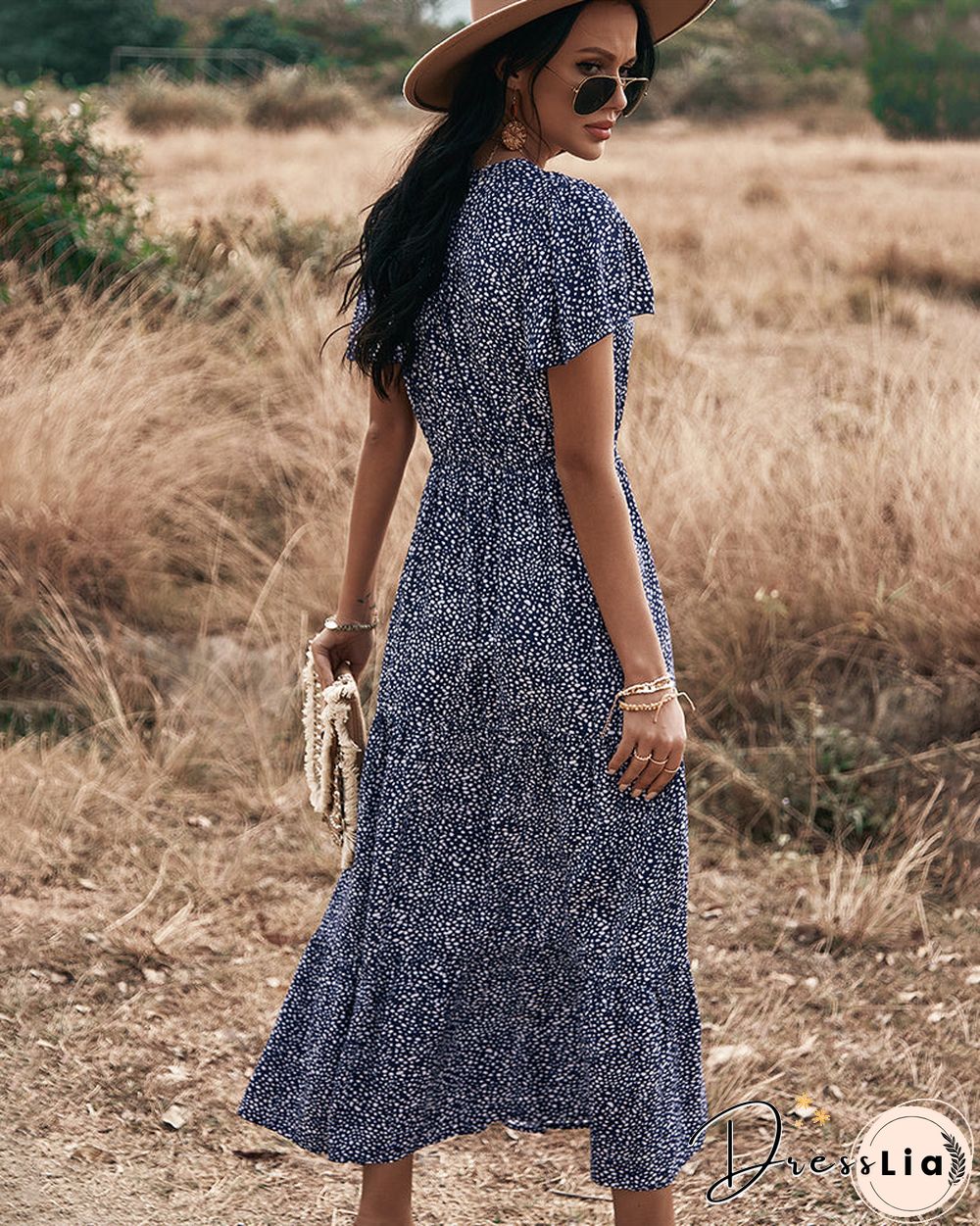 Polka Dot V Neck Side Split Button Up Midi Dress