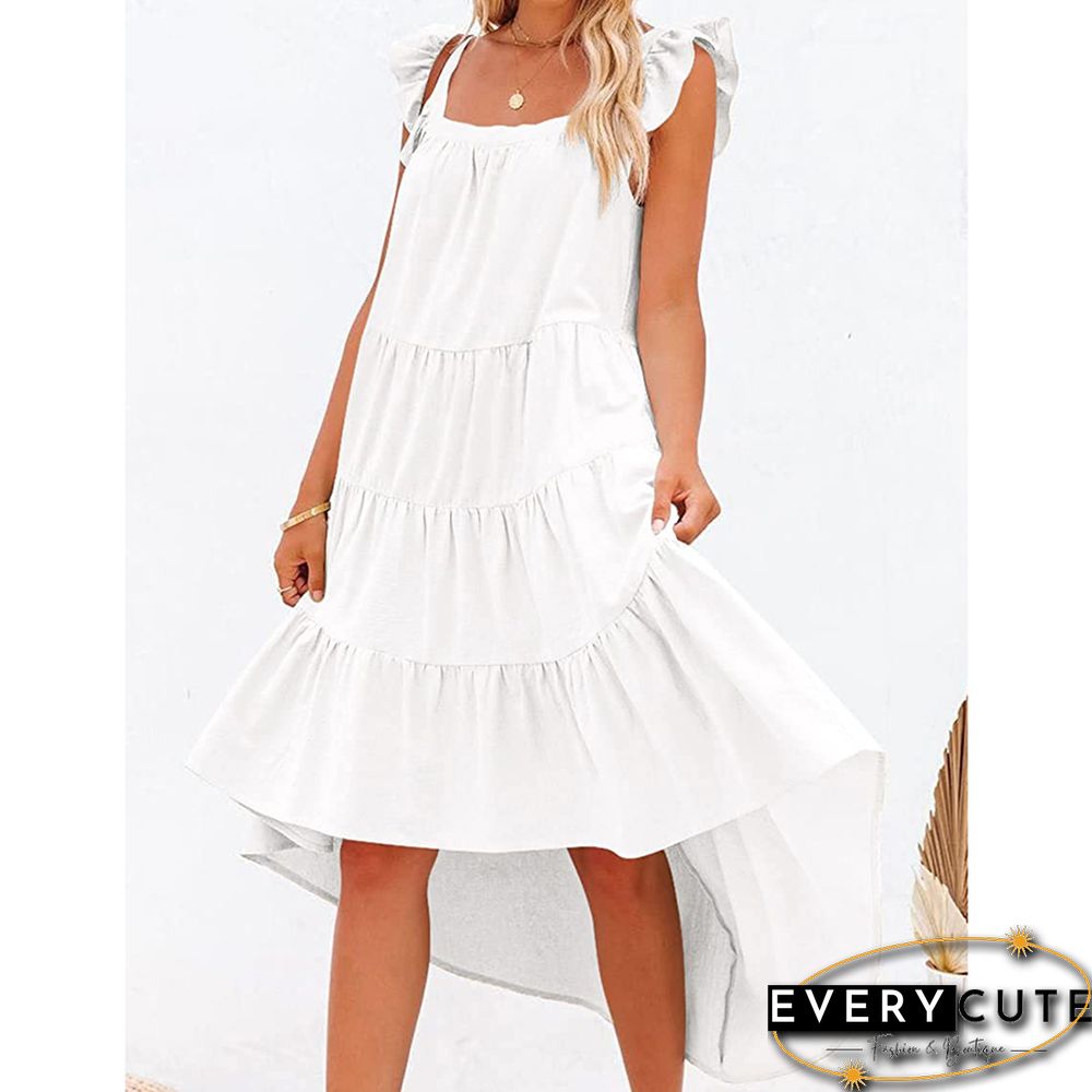 White Ruffled Sleeveless High Low Swing Midi Dress