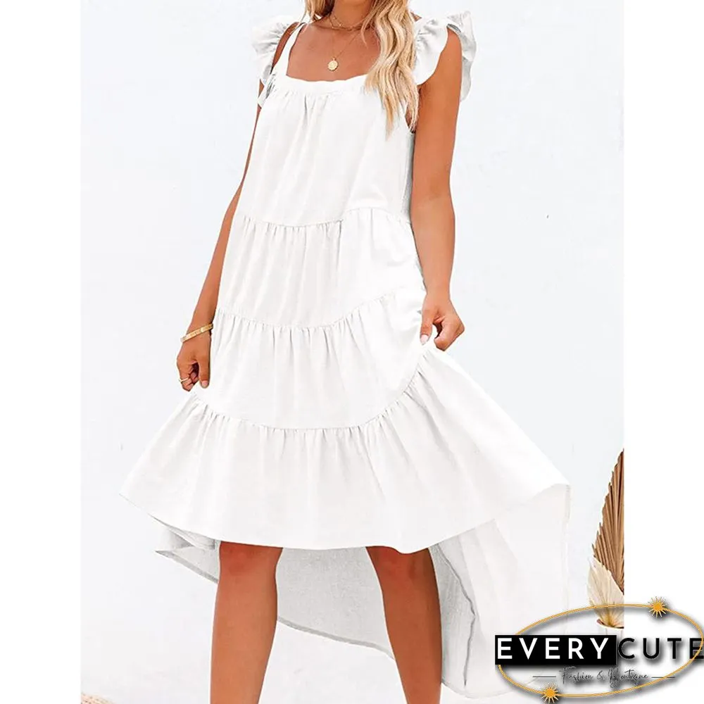 White Ruffled Sleeveless High Low Swing Midi Dress