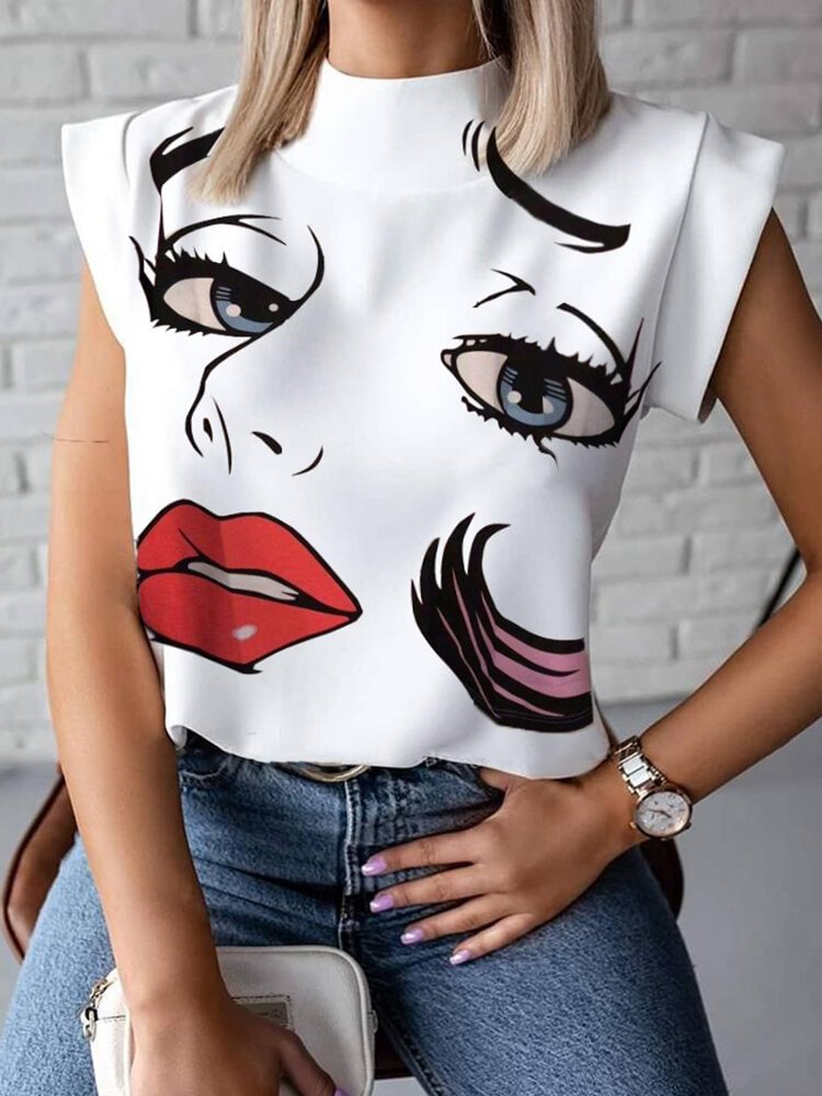 Casual Printed Stand Collar Short Sleeve Blouse P1719755