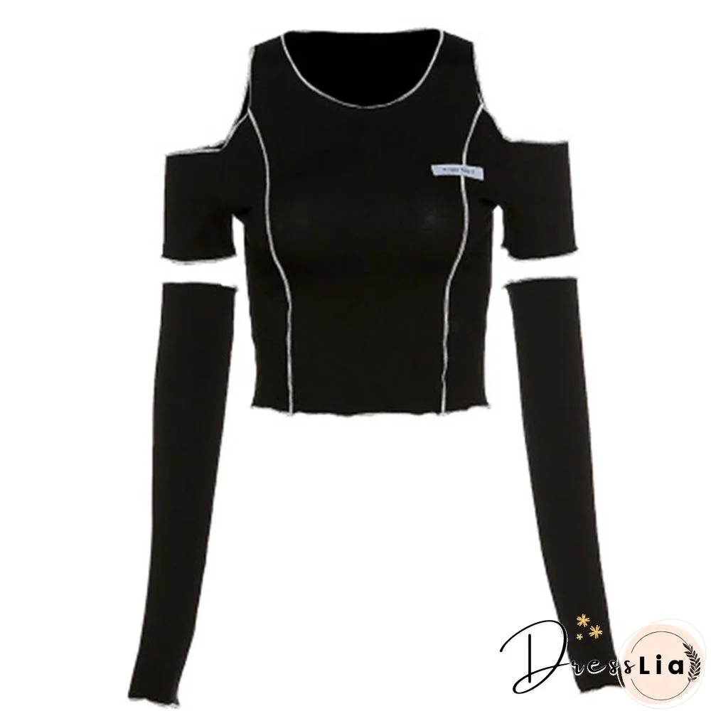 Patchwork Black T-shirts Gothic One Shoulder Sleeve Y2k Crop Tops Ruffles Hem Hip Hop Techwear Women Tees