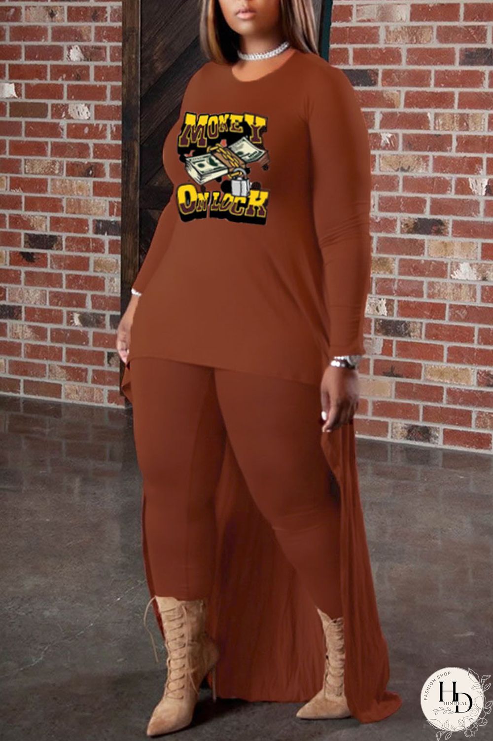 Deep Coffee Casual Print Patchwork O Neck Long Sleeve Two Pieces