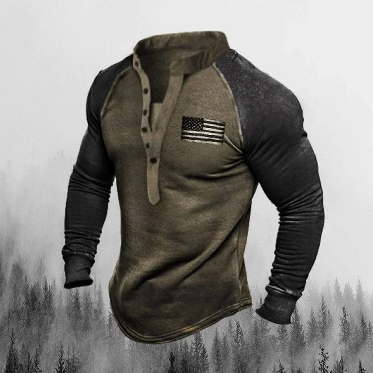 Mens Army Green Patchwork V-Neck Long Sleeve Pullover