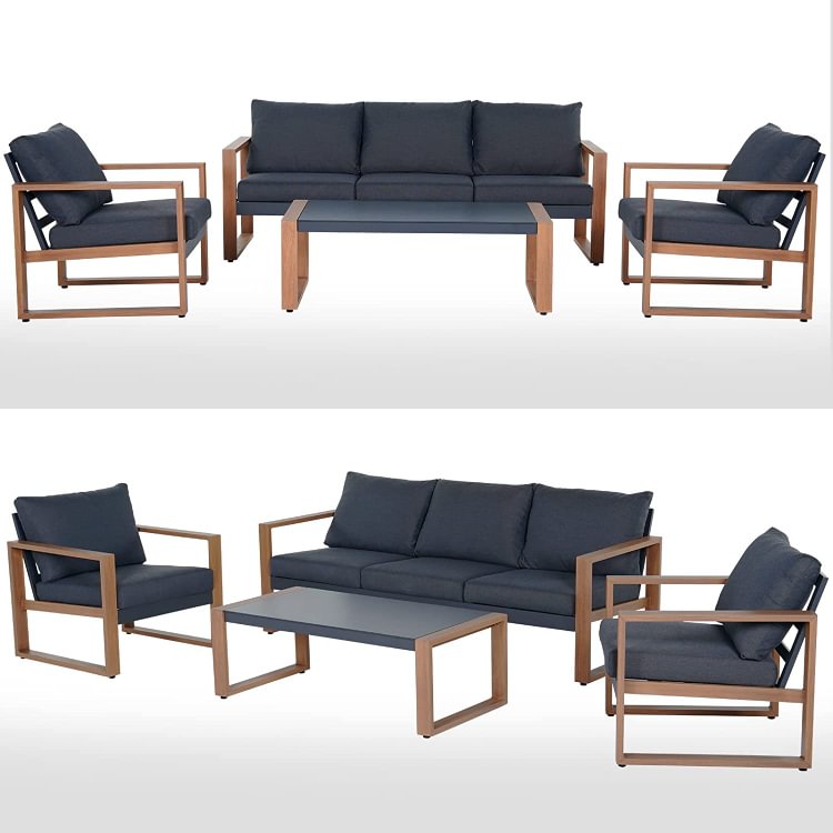Grand patio Outdoor 4 Pieces Duisburg Aluminum Conversation Sets,Faux Wood Grain Metal Sofa with Removable Cushion and Coffee Table for Garden Backyard Balcony