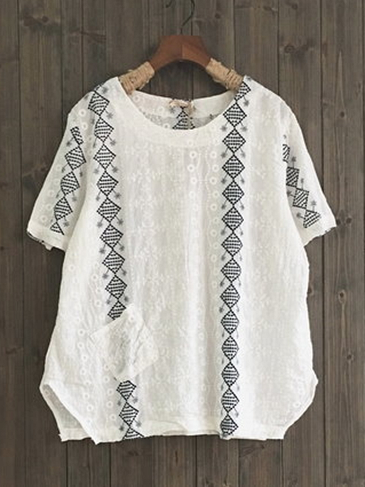 Short Sleeve Casual Geometric Embroidered Shirts & Tops