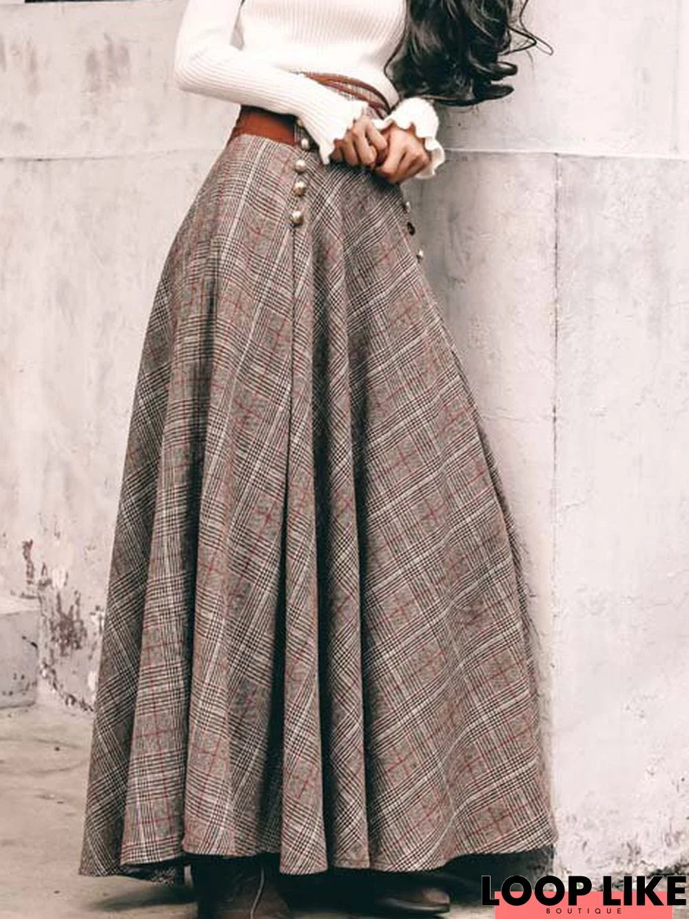 Gray Checkered/plaid Cotton-Blend Drawstring Casual Skirt