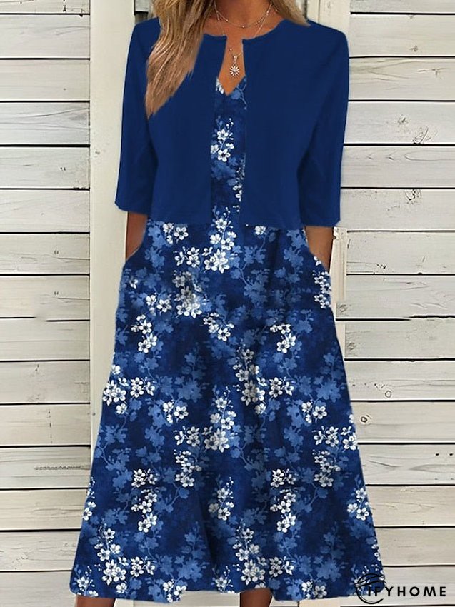 Women's Two Piece Dress Set Casual Dress Shift Dress Outdoor Daily Fashion Streetwear Pocket Print Midi Dress V Neck 3/4 Length Sleeve Floral Loose Fit Pink Royal Blue Blue Summer Spring S M L XL XXL | IFYHOME
