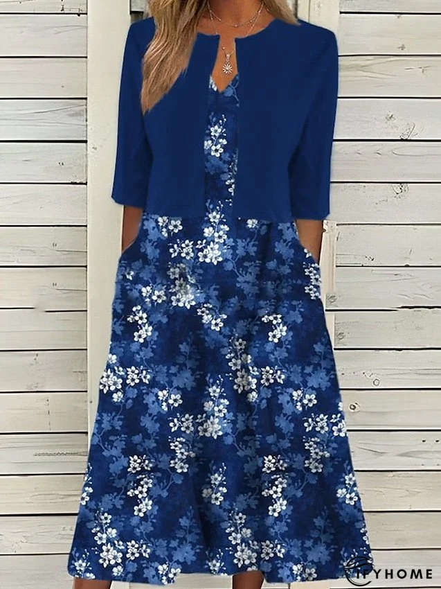 Women's Two Piece Dress Set Casual Dress Shift Dress Outdoor Daily Fashion Streetwear Pocket Print Midi Dress V Neck 3/4 Length Sleeve Floral Loose Fit Pink Royal Blue Blue Summer Spring S M L XL XXL | IFYHOME