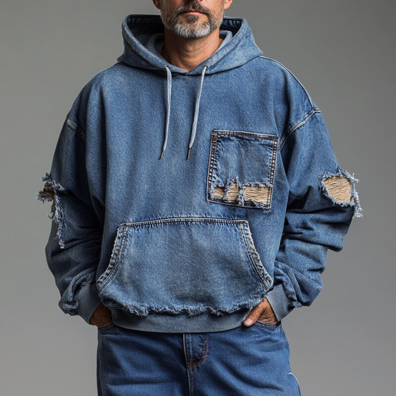 Men's Street Pocket Ripped Drawstring Denim Hoodie