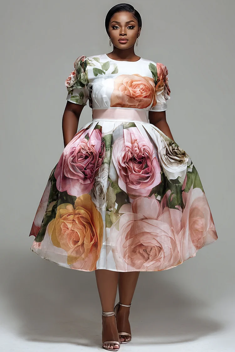 Xpluswear Design Plus Size Cocktail Party Elegant Pink Floral Round Neck Pocket Satin Midi Dresses [Pre-Order] 2024 - Xpluswear