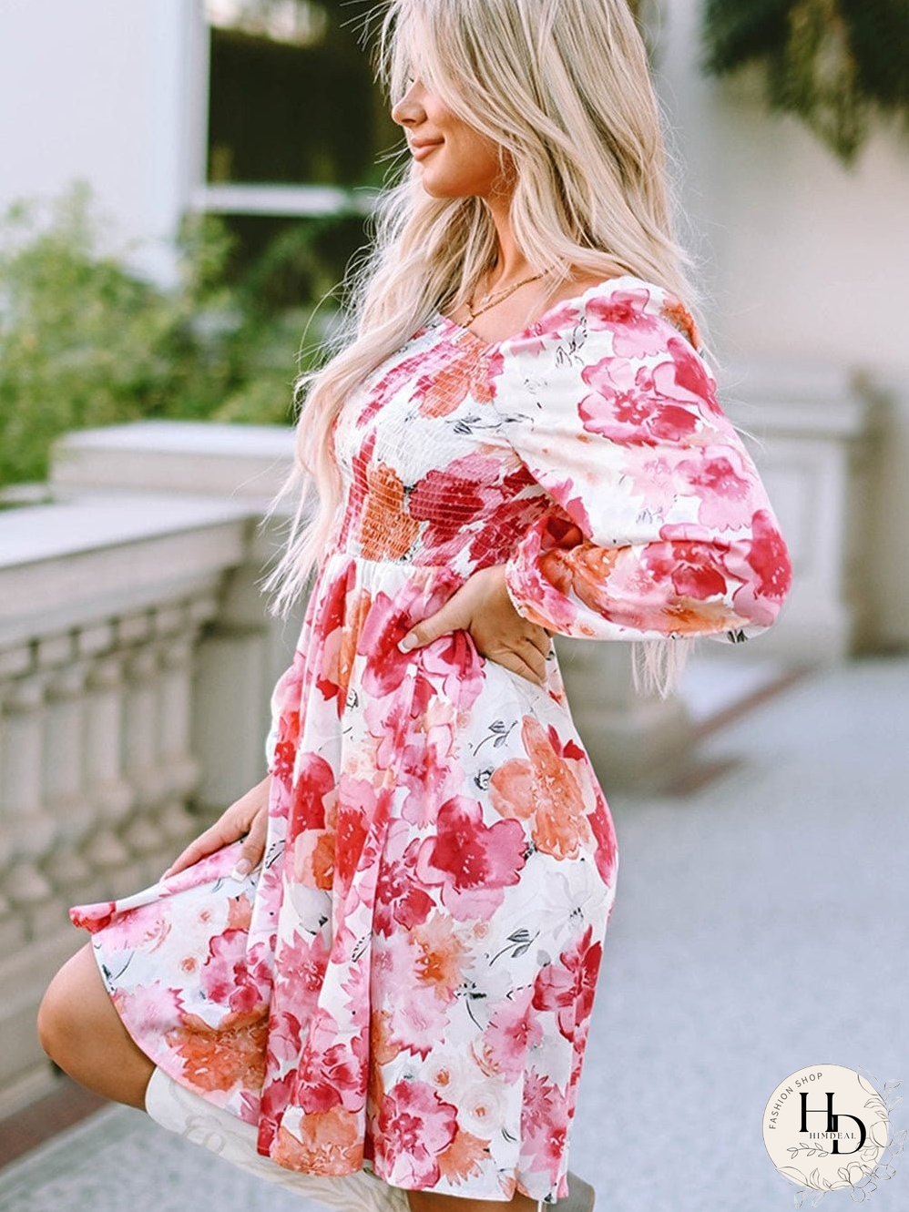 Elegant White Floral Smocked Puff Sleeve A-Line Dress