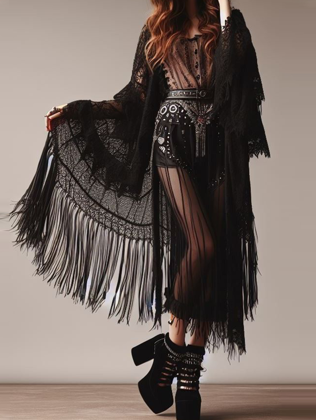 Goth Hollow Lace Flare Sleeve Fringed Long Cardigan