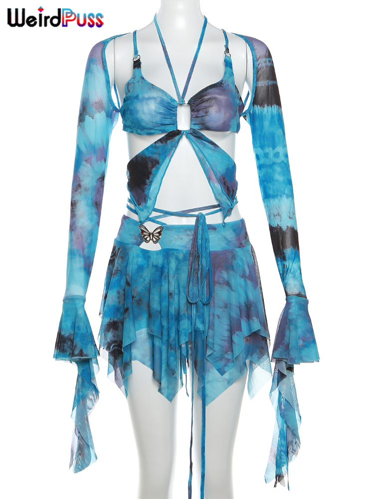 Weird Puss Sweet Women 3 Piece Set Sexy Tie Dye Print Irregular Butterfly Camisole+Crop Tops+Skirts Matching Streetwear Outfits