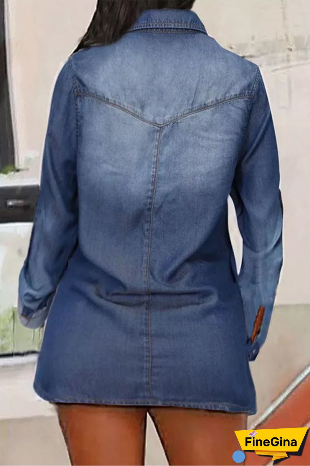 Blue Casual Solid Slit Turndown Collar Tops