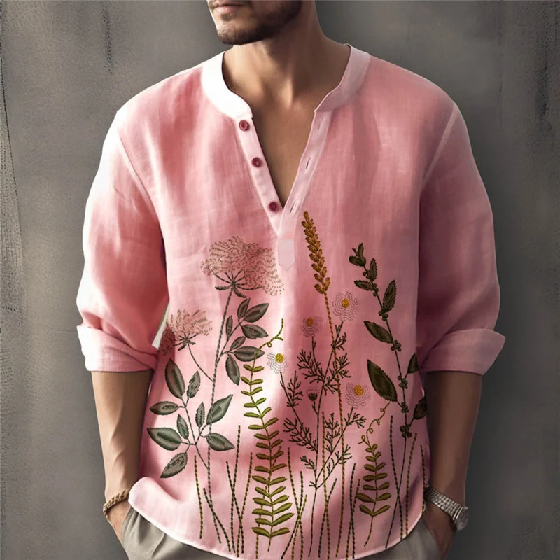 Men's Artistic Floral Cotton Linen Long Sleeve Shirt
