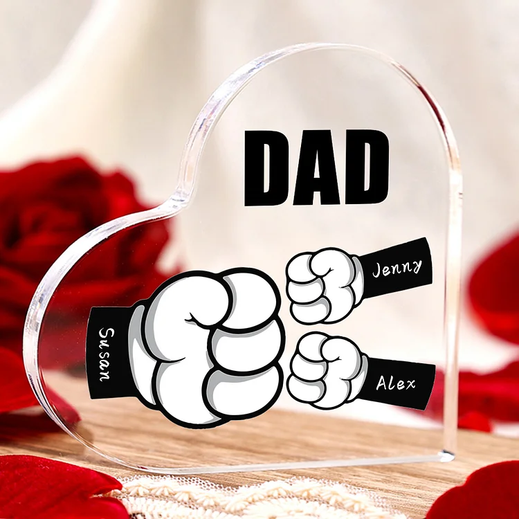 3 Names - Personalized Dad Fist Heart Acrylic Heart Keepsake Custom Text Acrylic Plaque Ornament Gift Set with Gift Box for Grandpa/Dad