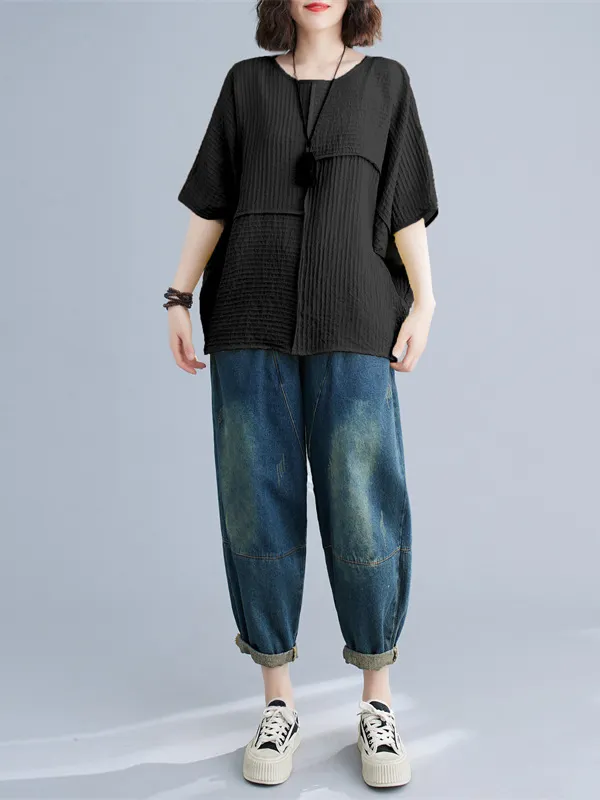 Round Neck Solid Color Bat Sleeve T Shirt