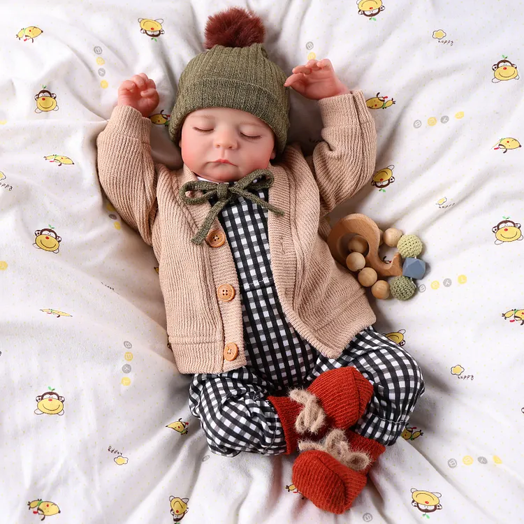 Babeside Sweet Dreams Noah 20" Realistic Sleeping Baby Doll Boy in Plaid Romper & Knit Cardigan Set