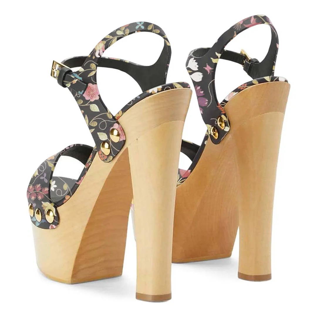 Multicolor Floral Print Summer Sandals Open Toe Studded Platform Heels