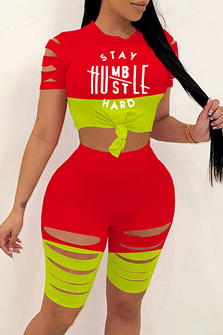 Fashion Casual Letter Print Ripped Split Joint O Neck Short Sleeve Two Pieces - Shop Trendy Women's Clothing | LoverChic