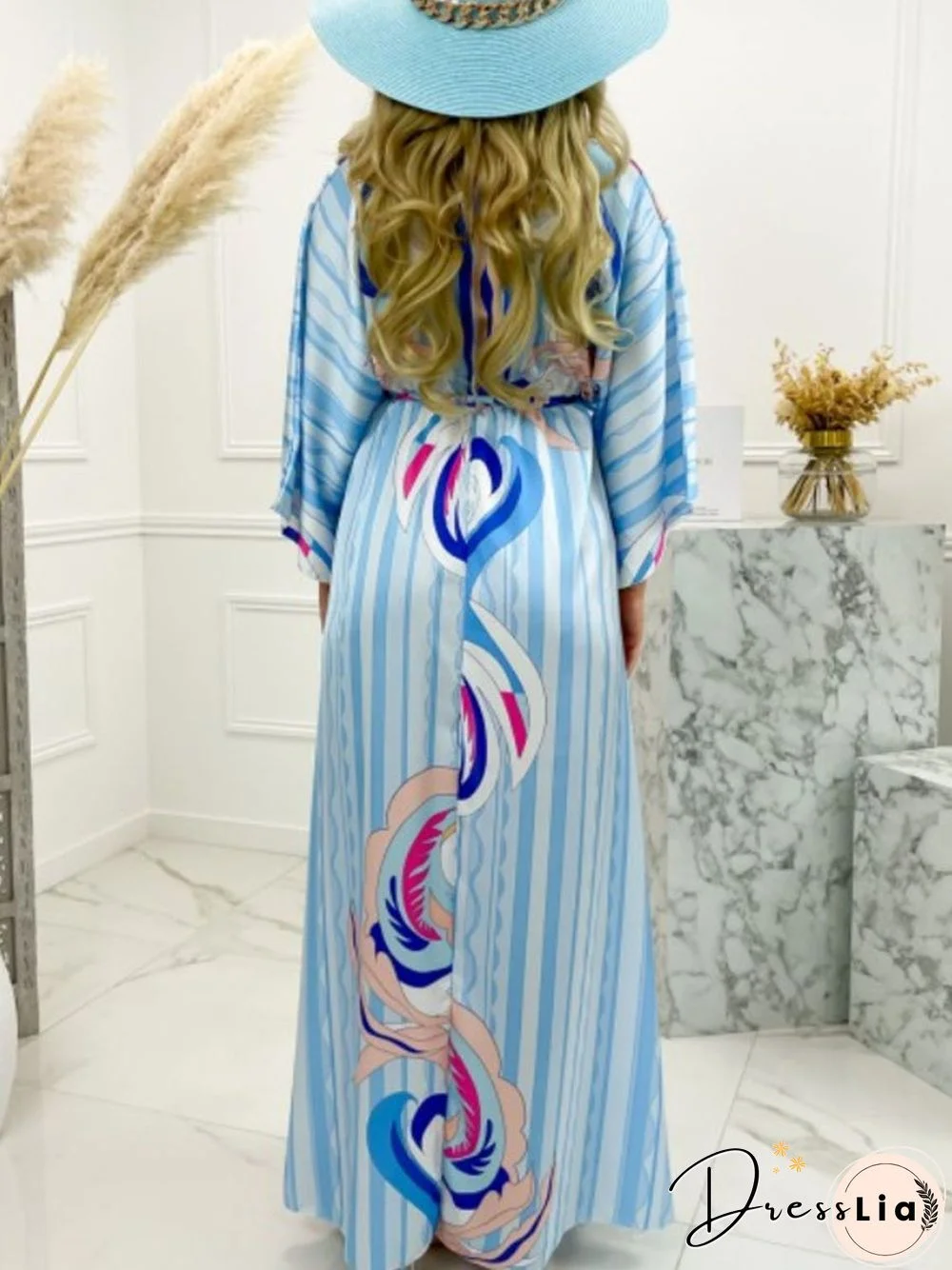 Digital Print V-neck Smocked Split Floor Length Dress P11265