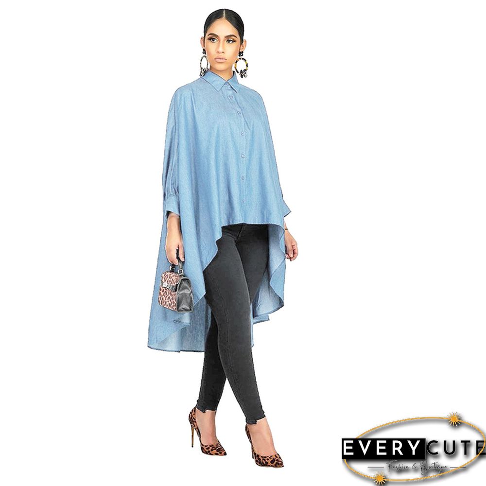 Light Blue Button Down Long Style Loose Top