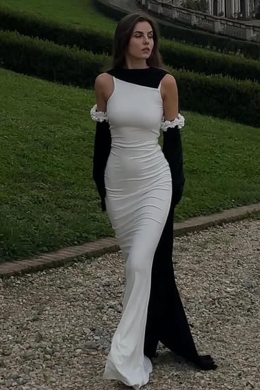 Lvs&Broner White Sleeveless Mermaid Long Prom Dress With Pleated Gloves