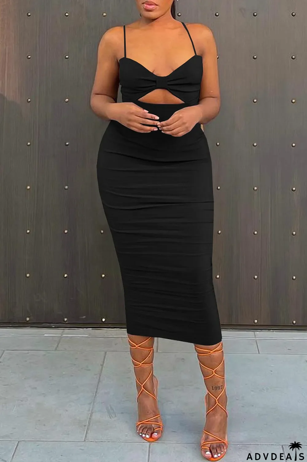 Coffee Sexy Solid Split Joint Spaghetti Strap Sling Dress Dresses