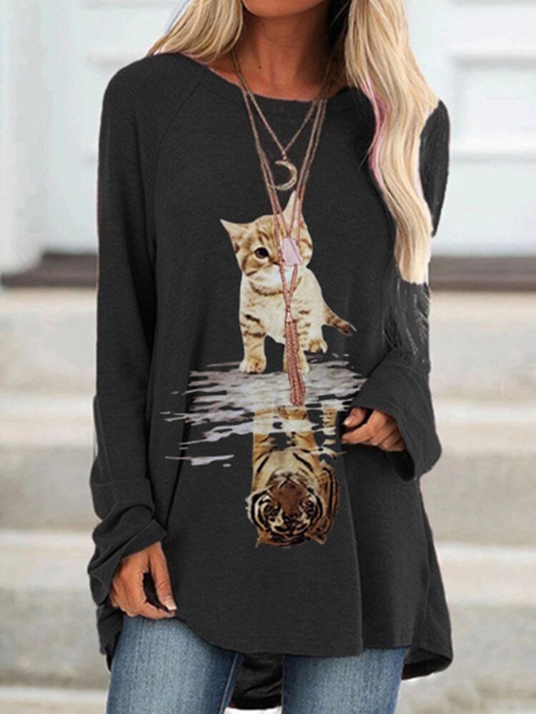 Cartoon Cat Tiger Print Long Sleeve Casual Blouse For Women P1732838