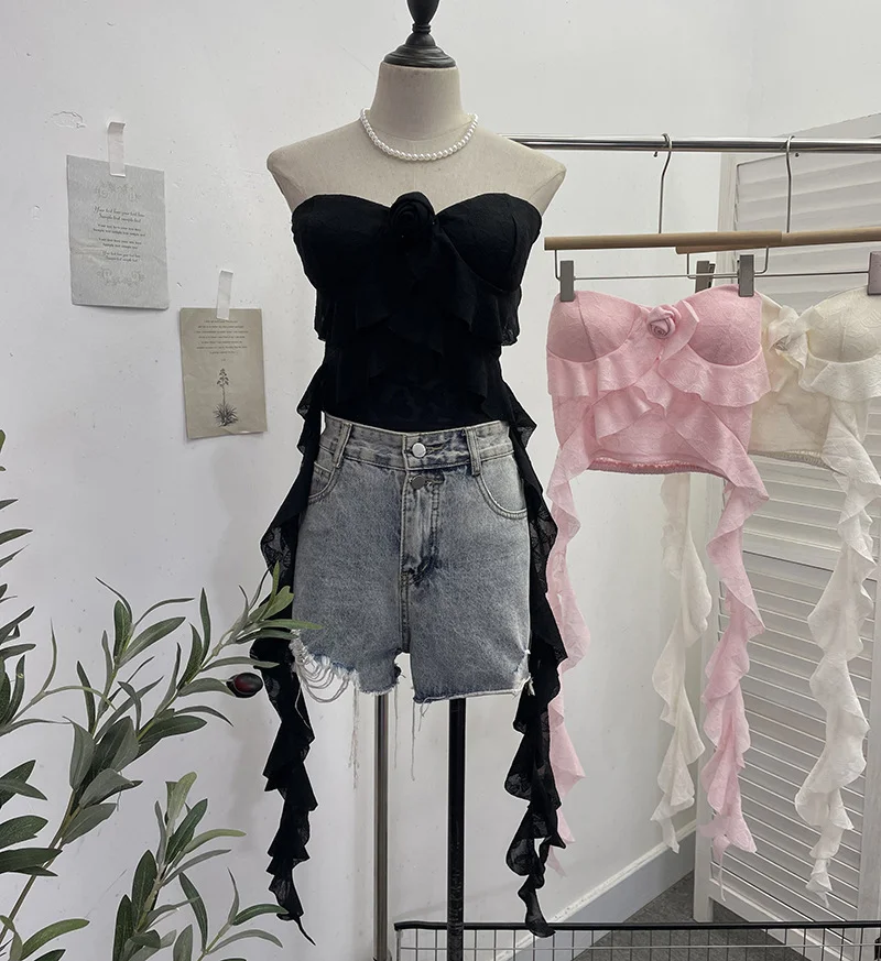 Uveng Real Shooting Lotus Leaf Side Flowers Sleeveless Chest Pads With Chest Vest Pure Desire Style Short-Term Wear 8852