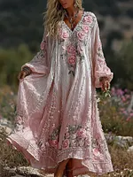 Women's Bohemian Floral Lace V-neck Maxi Dress