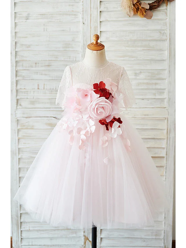 Hellodresses Ball Gown Sleeveless Jewel Neck Flower Girl Dresses Lace Tulle With Petal Pearls