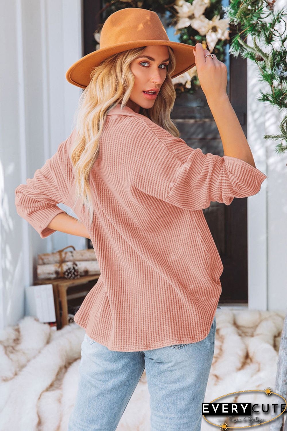 Pink Chest Flap Pockets Waffle Knit Shacket