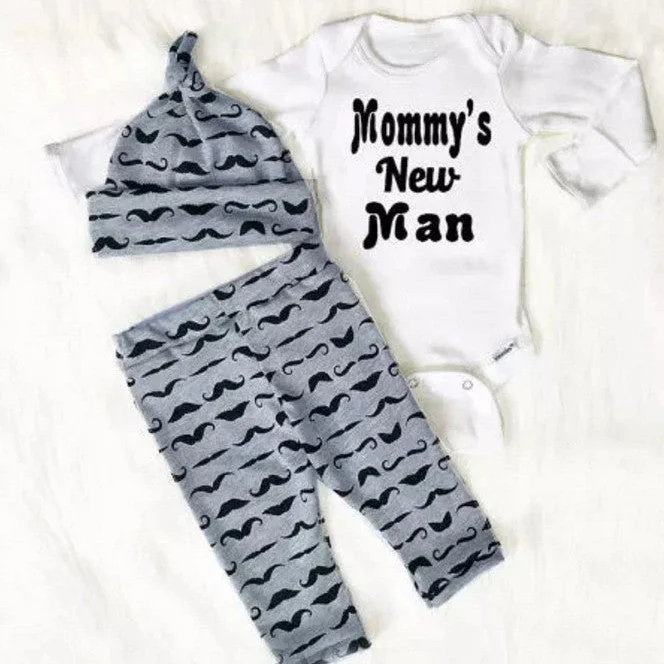 3PCS Baby Boy Mommy's New Man Printed Baby Set