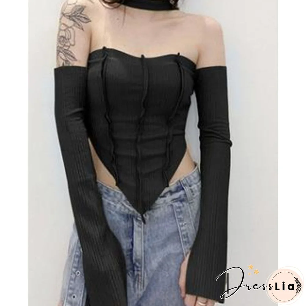 Women Sexy Elegant Knit T Shirts Y2k Soft Fabric Off Shoulder Halter Long Sleeve Crop Tops Autumn Skinny Tee Shirts